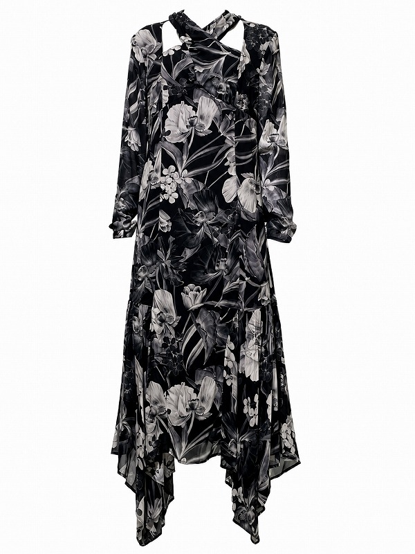 【新品DRESS 1633】モノトーン花柄クロスネックアシンメトリーミモレ丈ミディアムドレス ブラック【KAREN MILLEN】